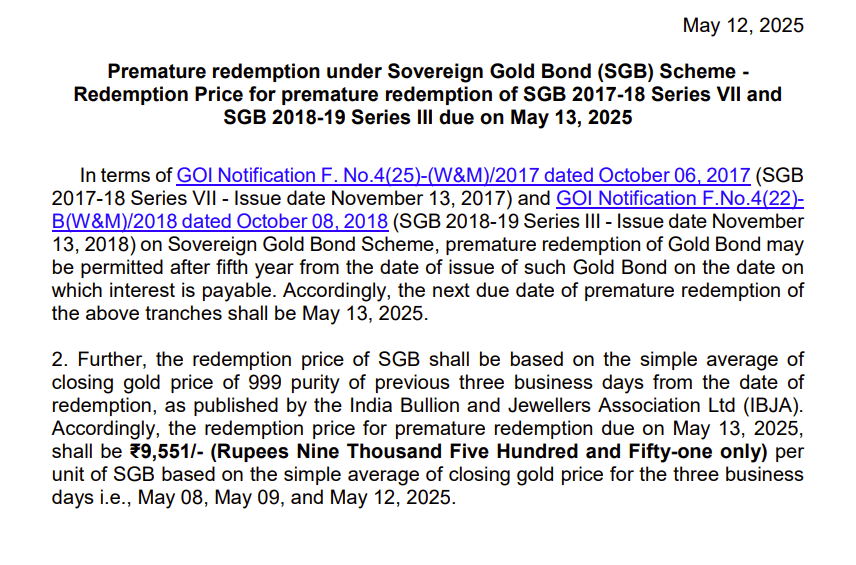 SGB May 2025 redemption price